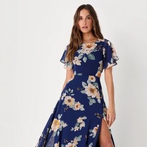 Garden Bliss Navy Blue Floral Print Cutout Maxi Dress - XS